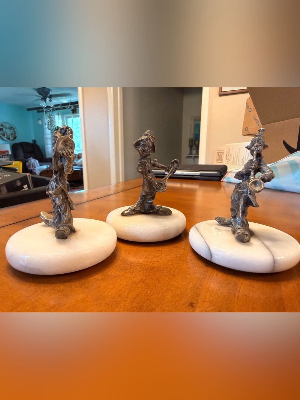 Set of 3 Pewter Musician Figurines on White Marble Bases